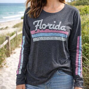 State of Mine Florida Graphic Long Sleeve Tee Gray Striped Sleeves Women S NWT